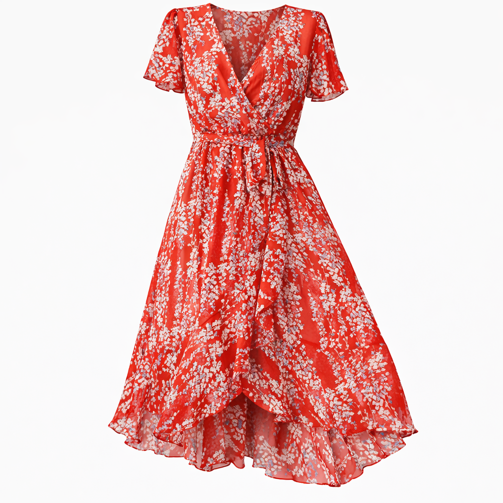 Elegante abito floreale midi da donna, perfetto per eventi estivi e cerimonie.
