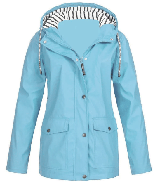 Giacca resistente all'acqua donna in poliestere, con cappuccio e tasche, per uso quotidiano.