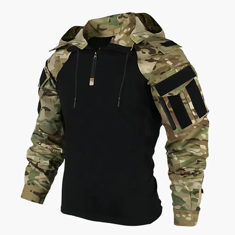 Felpa sportiva da uomo con design mimetico sulle maniche e cappuccio, perfetta per l'outdoor e il tempo libero.