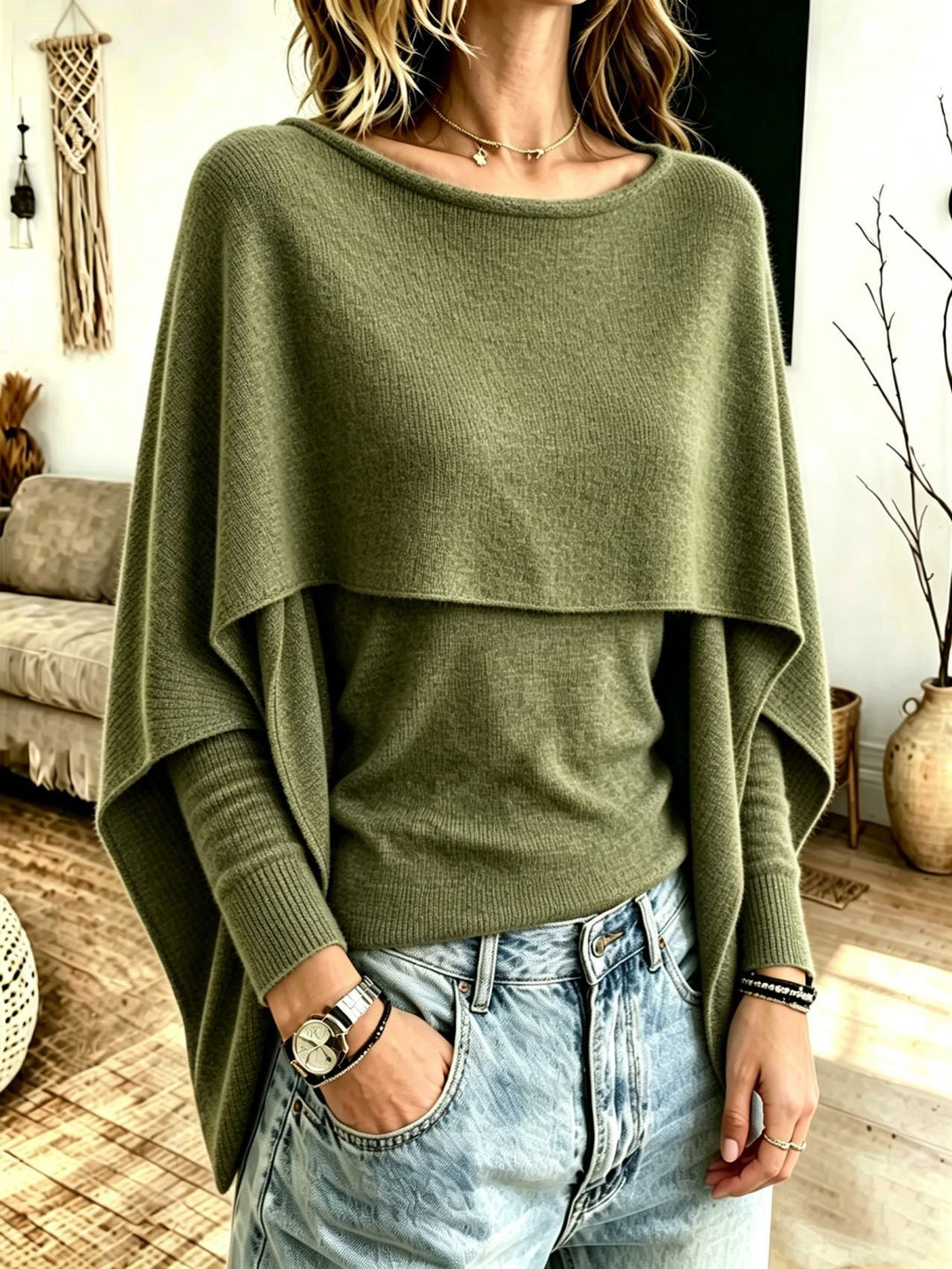 Maglione da donna versatile, innovativo effetto due pezzi con collo a scialle, un tocco chic.