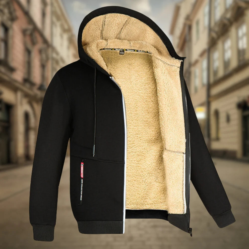 Outerwear uomo anti vento e caldo con cappuccio, ideale per affrontare l'inverno con comfort e stile.