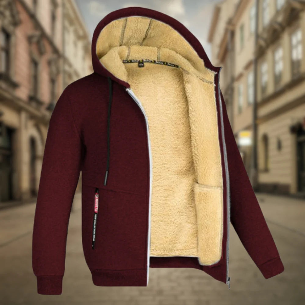 Giacca calda uomo con cappuccio integrato, protezione ottimale dal freddo e look invernale di tendenza.