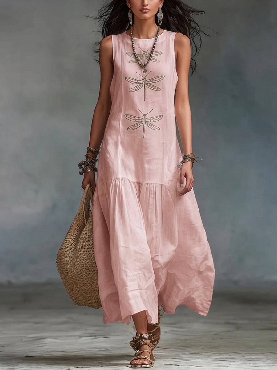 Abito lungo donna in cotone e lino con ricamo libellule. Stile estivo boho, elegante e confortevole.