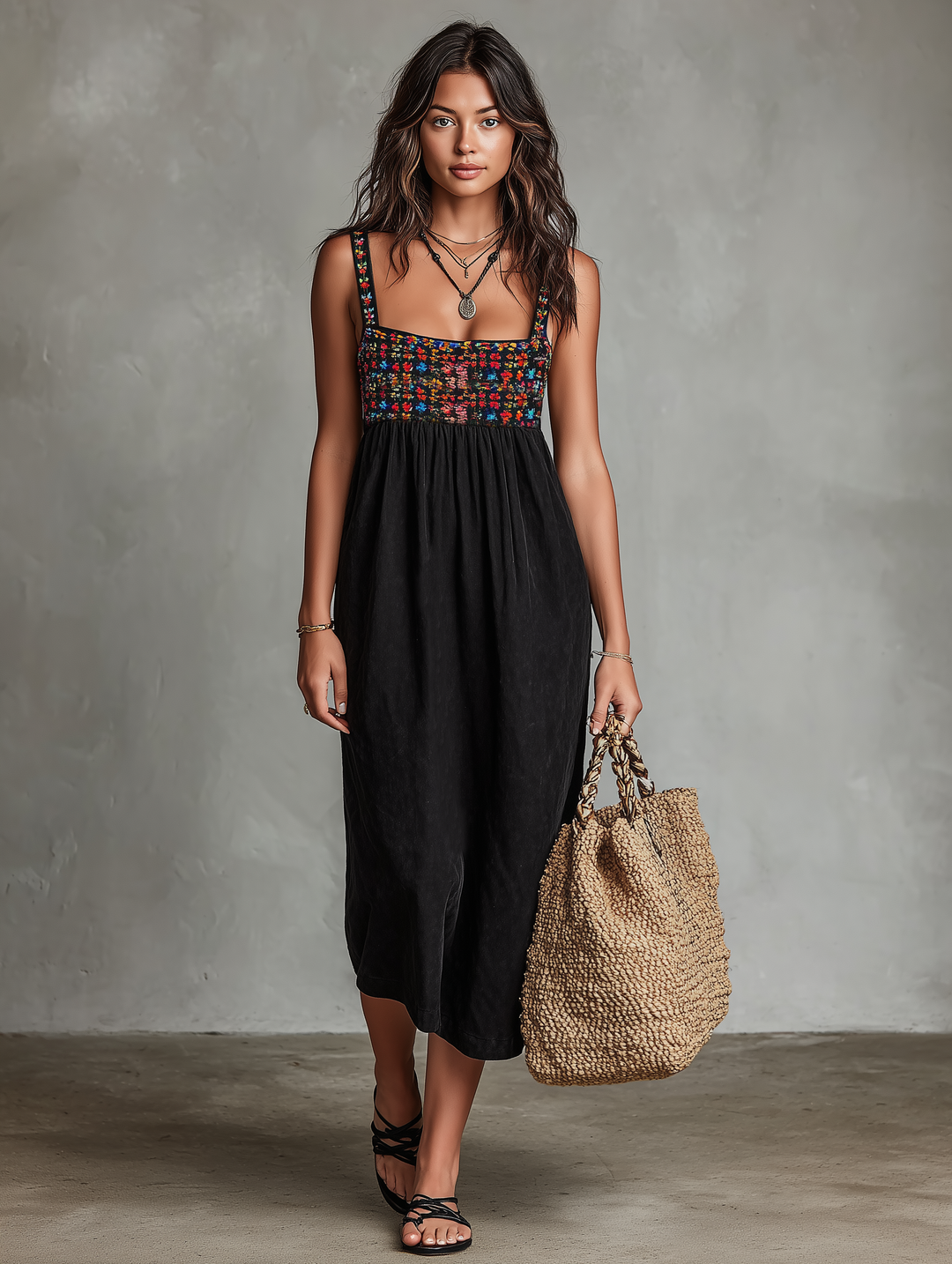 Abito donna midi versatile, in effetto suede ricamato, perfetto per un look boho chic.