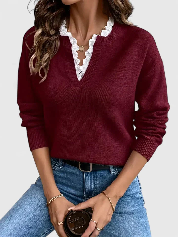 Maglione scollo a V da donna, design classico con maniche lunghe. Elegante e comodo per la moda autunno/inverno.