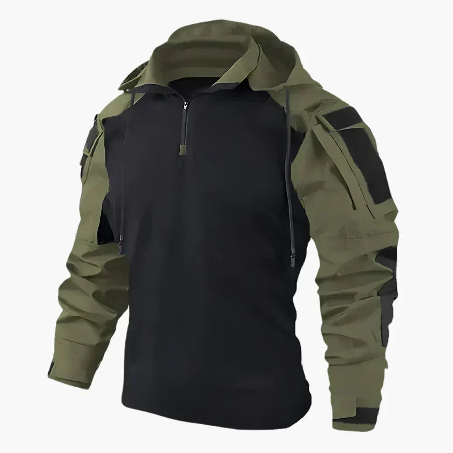 Felpa uomo outdoor con cappuccio, maniche camouflage, ideale per sport e tempo libero autunnale e invernale.