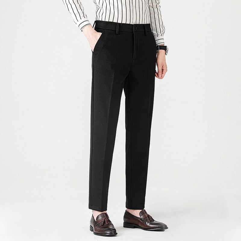Pantaloni uomo formali neri, eleganti, taglio dritto, perfetti per business e cerimonie, vita media, comfort.