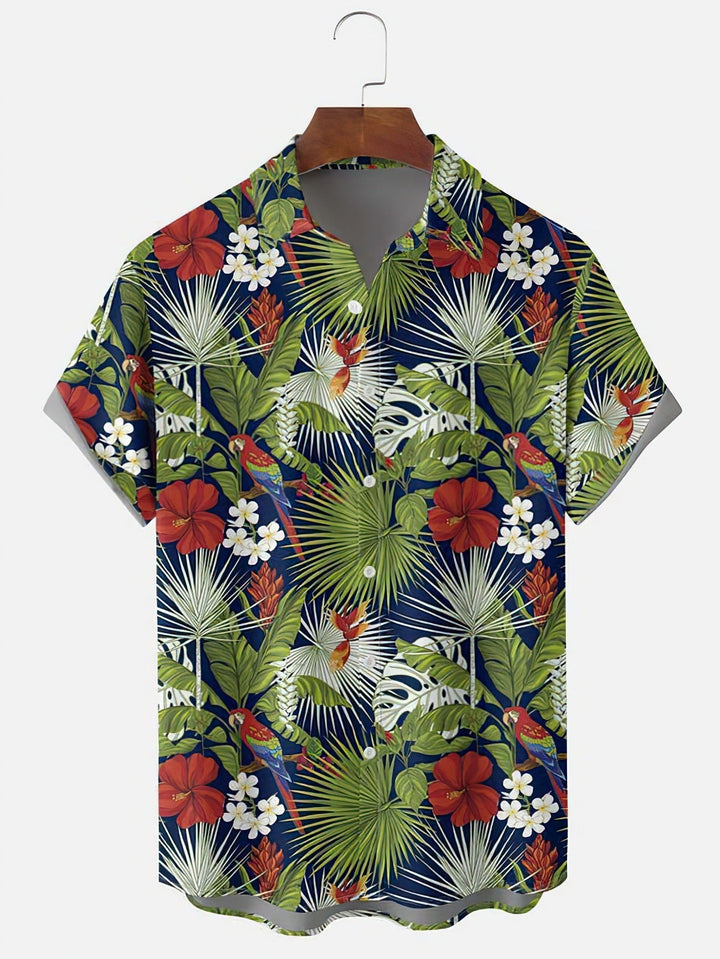 Camicia uomo elasticizzata floreale, maniche corte, comfort garantito per moda estiva e primavera casual.