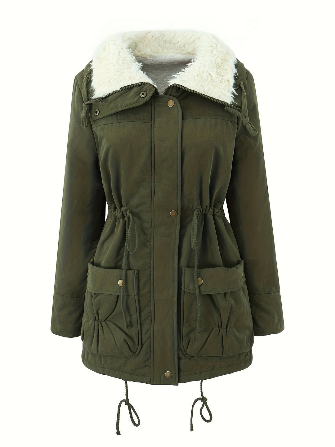 Parka lungo donna verde, collo borg, vita regolabile. Cappotto invernale casual chic. Perfetto per il freddo.