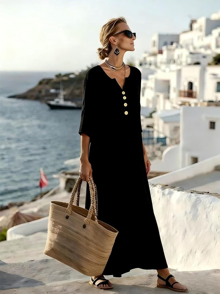 Abito lungo donna in cotone lino, con maniche 3/4. Vestito fluido casual chic, ideale per primavera estate.