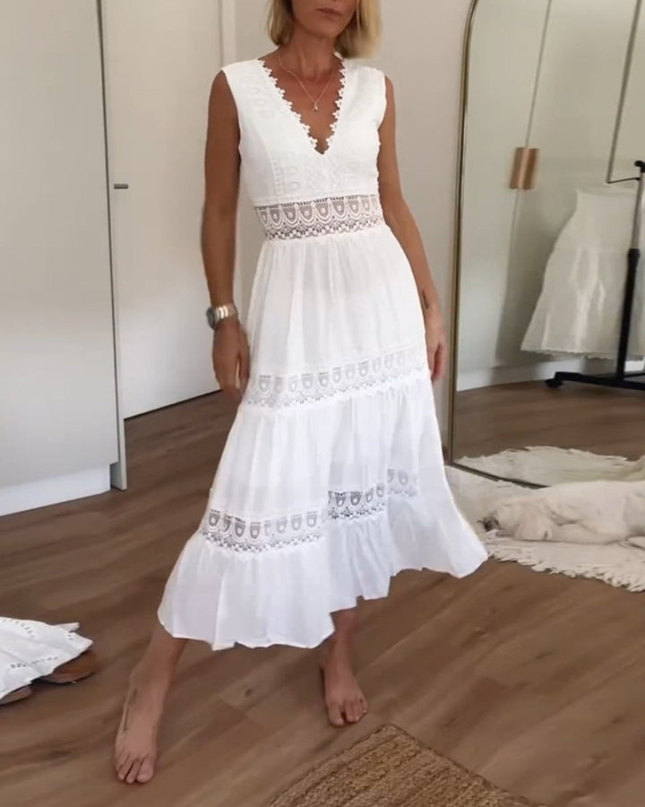 Abito lungo da donna in pizzo bianco, stile boho chic, perfetto per l'estate.