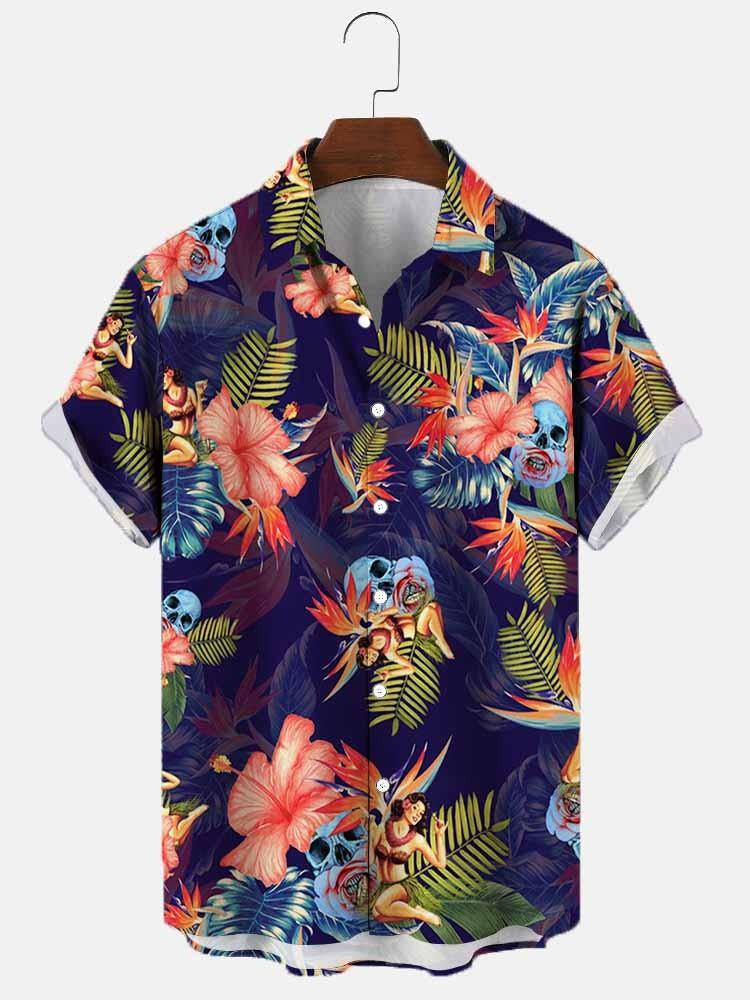 Camicia uomo a maniche corte, stampa floreale colorata e vivace, ideale per la moda estiva e relax.