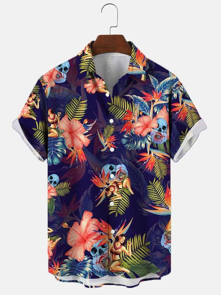 Camicia uomo a maniche corte, stampa floreale colorata e vivace, ideale per la moda estiva e relax.