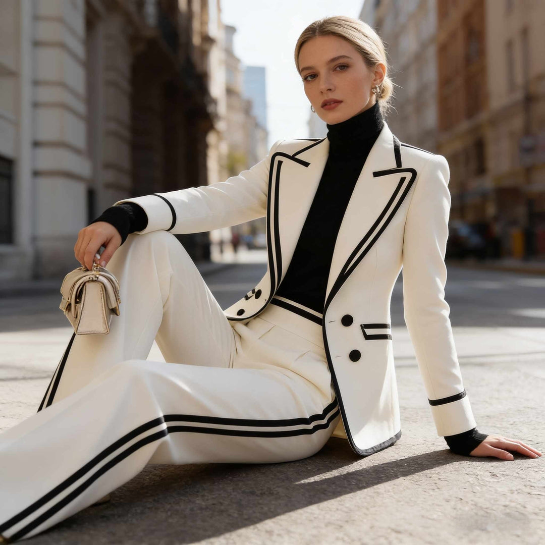 Completo donna elegante con blazer doppiopetto e pantaloni lunghi color block. Look sofisticato per l'ufficio.