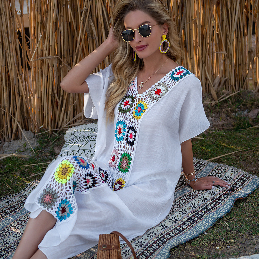 Copricostume donna estivo all'uncinetto elegante, multicolore, perfetto per spiaggia e mare.