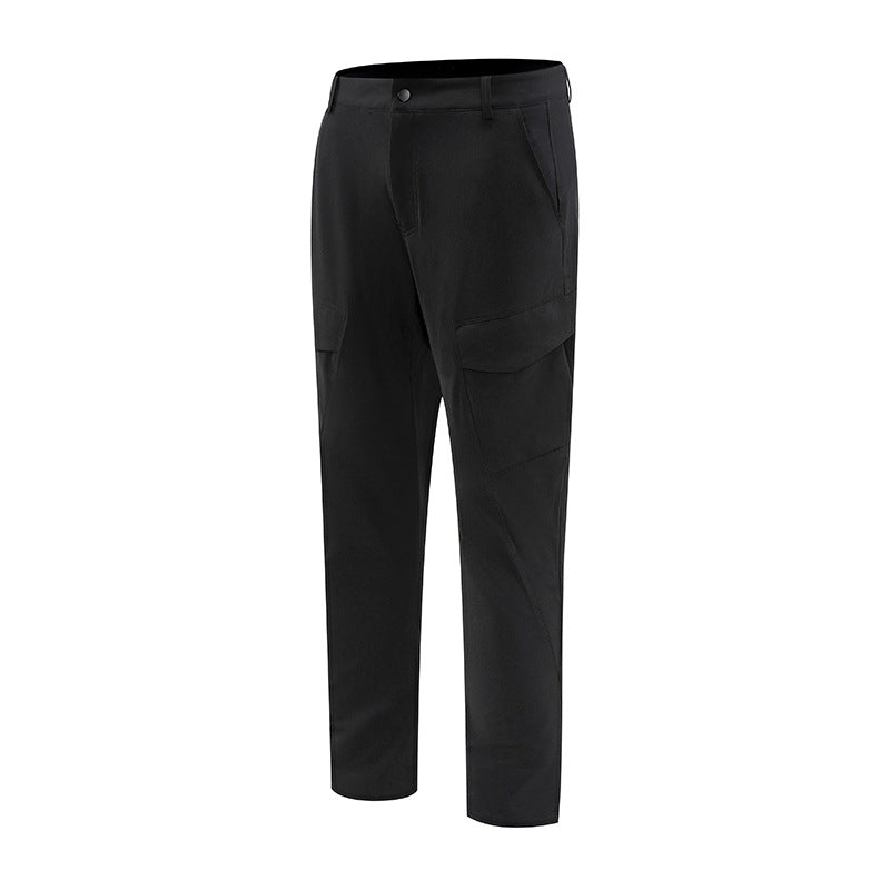 Pantaloni cargo uomo dritti neri, stile utility casual con vita elastica e multi-tasche. Ideali per il comfort.