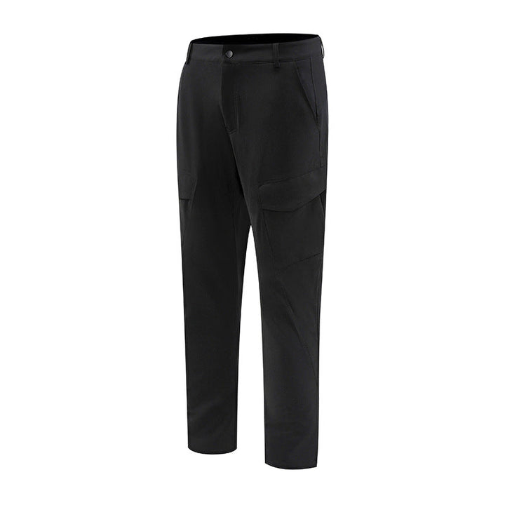 Pantaloni cargo uomo dritti neri, stile utility casual con vita elastica e multi-tasche. Ideali per il comfort.