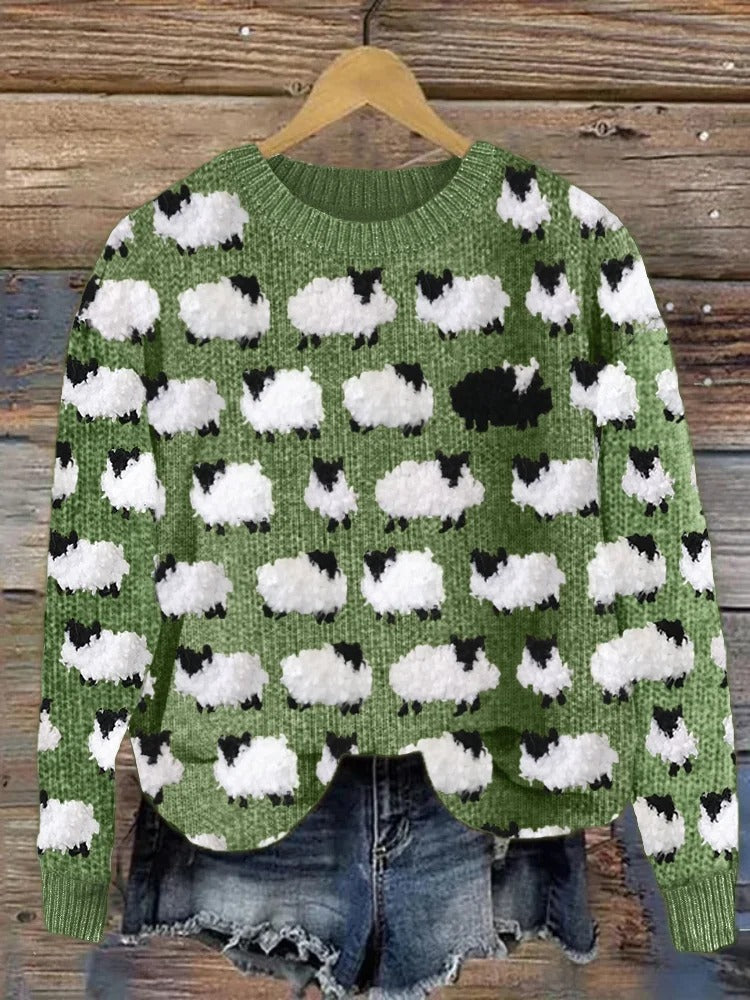 Elegante maglione donna natalizio a maniche lunghe con design albero di Natale, ideale per le celebrazioni festive.