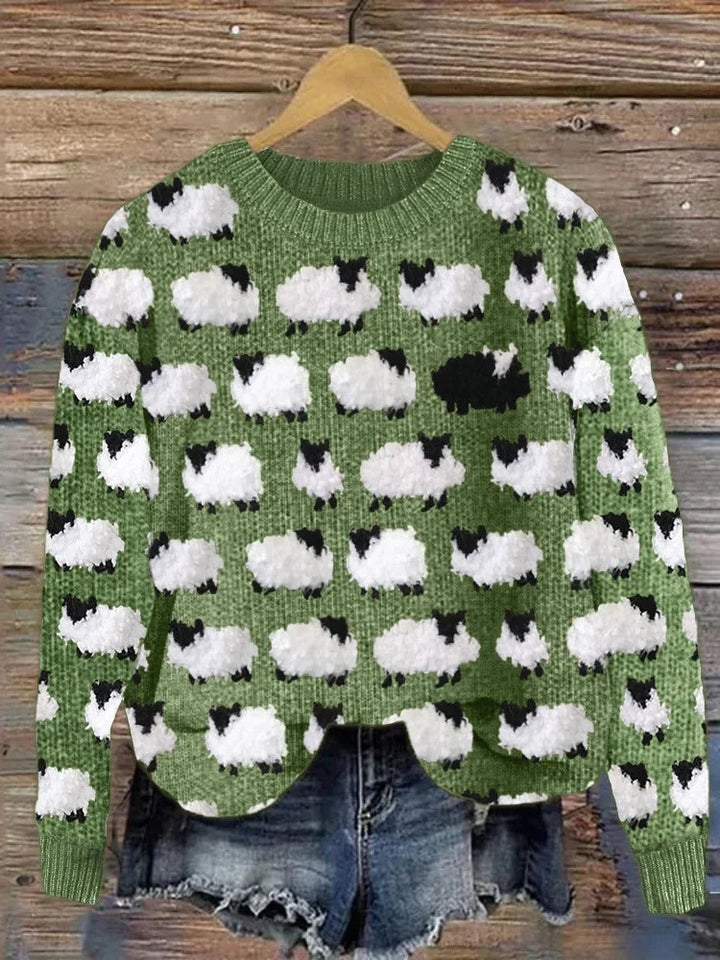 Elegante maglione donna natalizio a maniche lunghe con design albero di Natale, ideale per le celebrazioni festive.