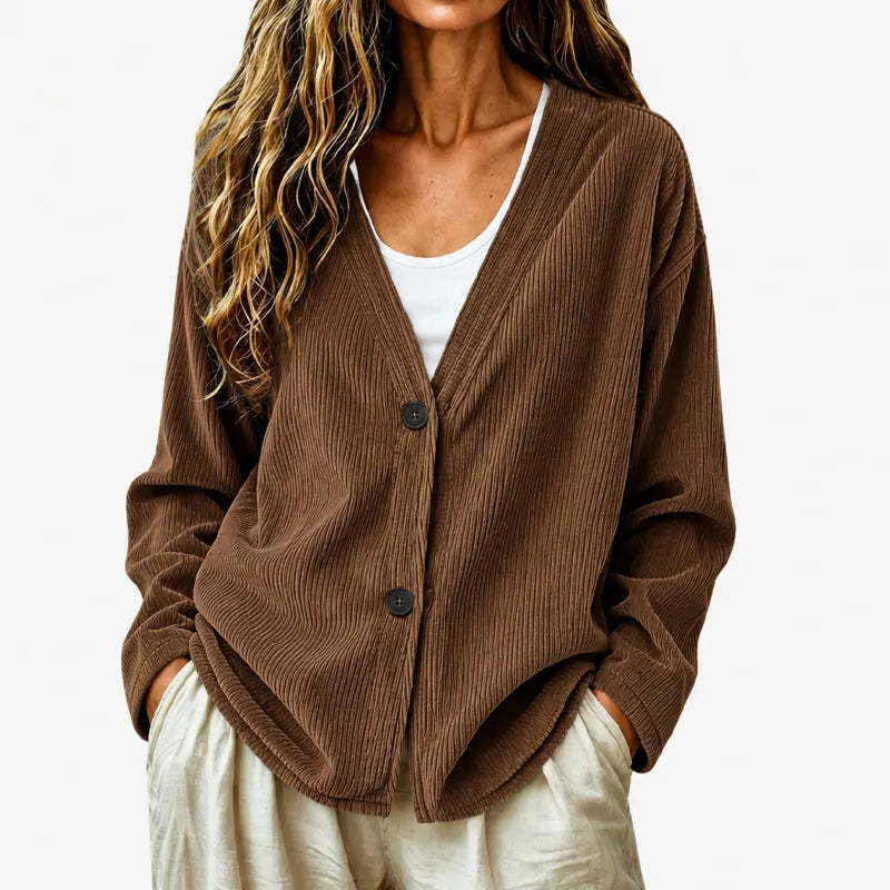 Cardigan donna autunnale a coste, con bottoni e scollo a V. Caldo ed elegante per il freddo.