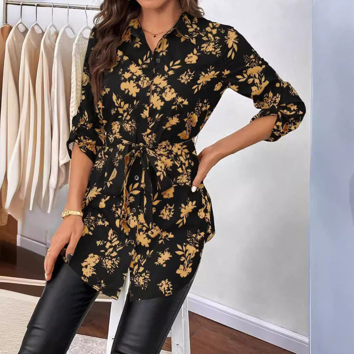 Camicia donna floreale nera casual-elegante con manica lunga e cintura, versatile per ogni occasione.