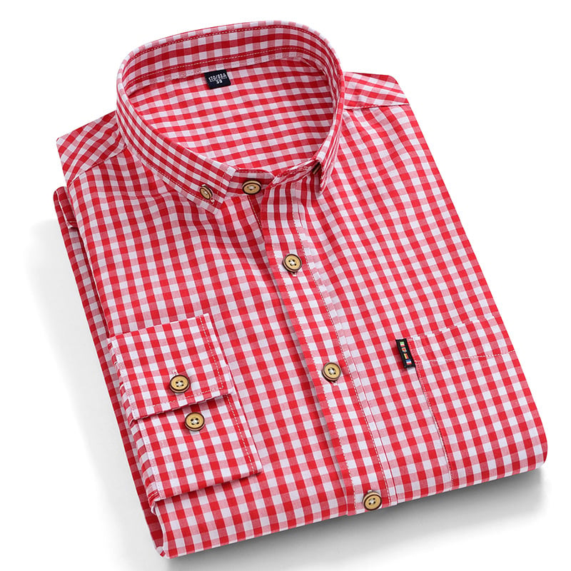 Camicia moderna uomo slim a maniche lunghe, colletto quadrato. Fantasia a griglia per un look casual-elegante.