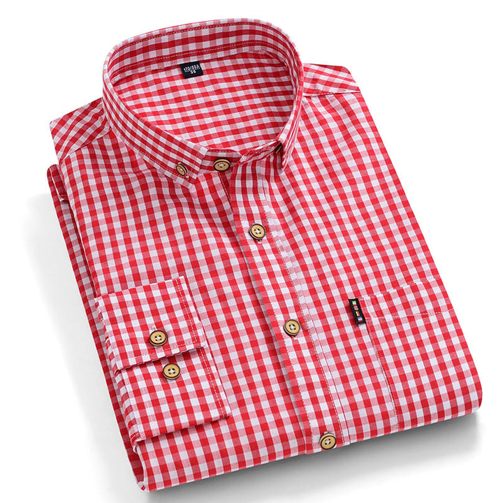 Camicia moderna uomo slim a maniche lunghe, colletto quadrato. Fantasia a griglia per un look casual-elegante.