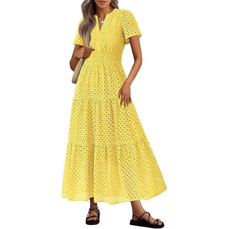 Maxi abito donna da spiaggia, leggero e casual, con scollo a V. Abbigliamento estivo chic.