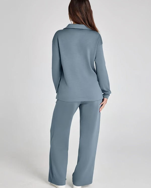 Comodo set autunnale donna: felpa scollo a V e pantaloni a gamba larga, per il tempo libero.