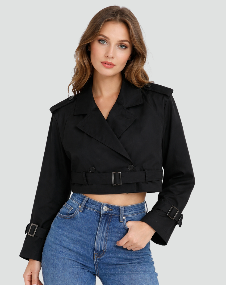 Trench corto in cotone per donna, stile classico e comodo, perfetto per la mezza stagione.