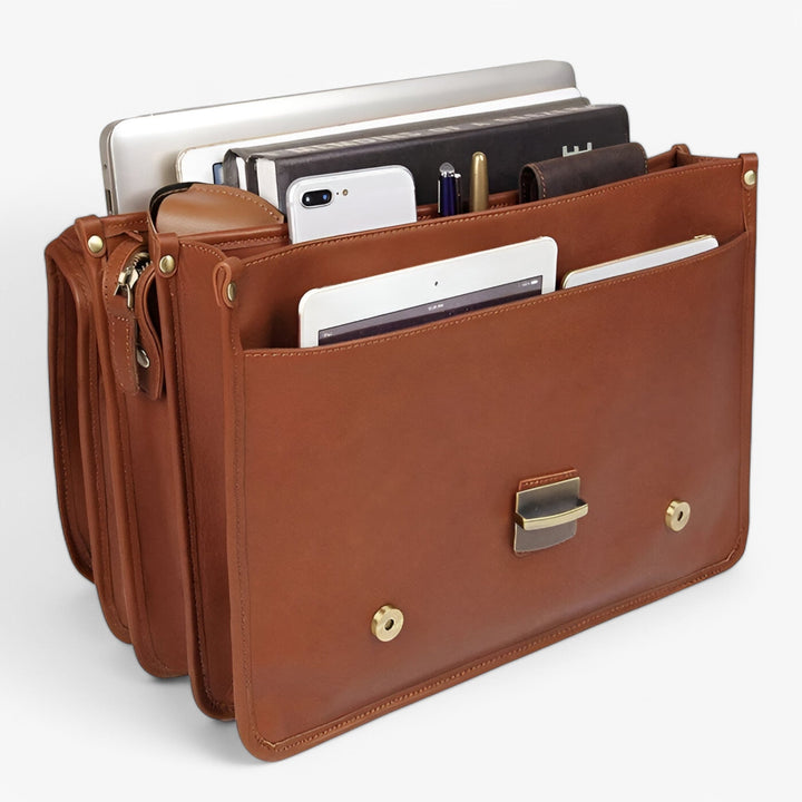 Borsa elegante portadocumenti unisex con patta, ideale per professionisti, giallo brunastro.