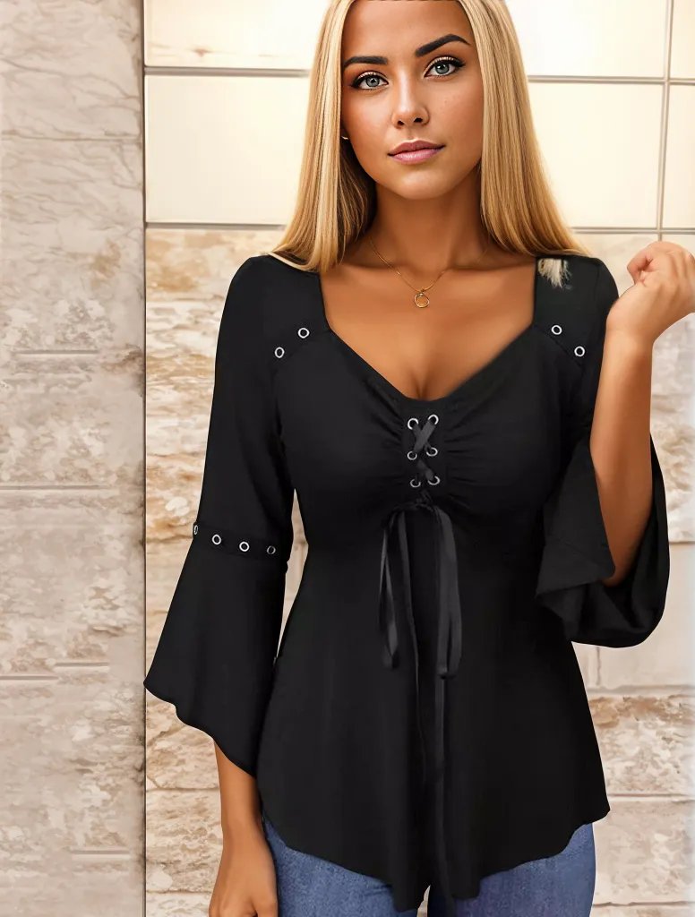 Camicetta donna elegante con scollo a V e maniche lunghe. Perfetta per outfit casual o stile ufficio, moda femminile.