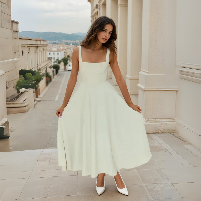 Vestito midi donna nero elegante, scollo quadrato e vita a V, perfetto per la sera e occasioni.