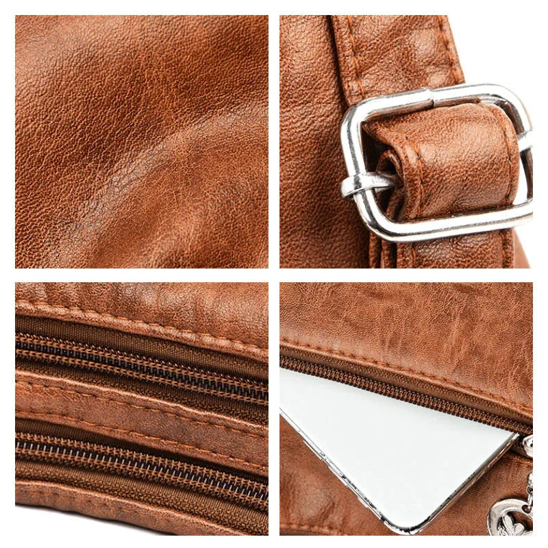 Donna con elegante borsa a tracolla multitasche in pelle, un accessorio versatile per ogni occasione.