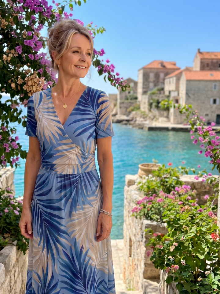 Abito midi da donna estivo, motivo floreale, scollo a V e maniche corte. Perfetto per un look fluido.