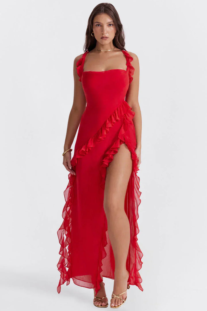 Vestito lungo donna con spacco, stile raffinato per un look da festa o evento glamour.