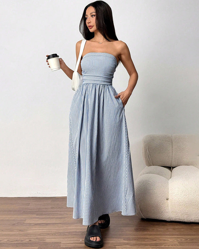 Vestito lungo estivo donna con scollo senza spalline e tasche, perfetto per comfort e moda casual.
