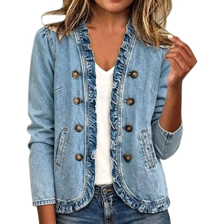 Giacca di jeans donna con balza per uno stile casual e moderno. Perfetta per ogni occasione femminile.
