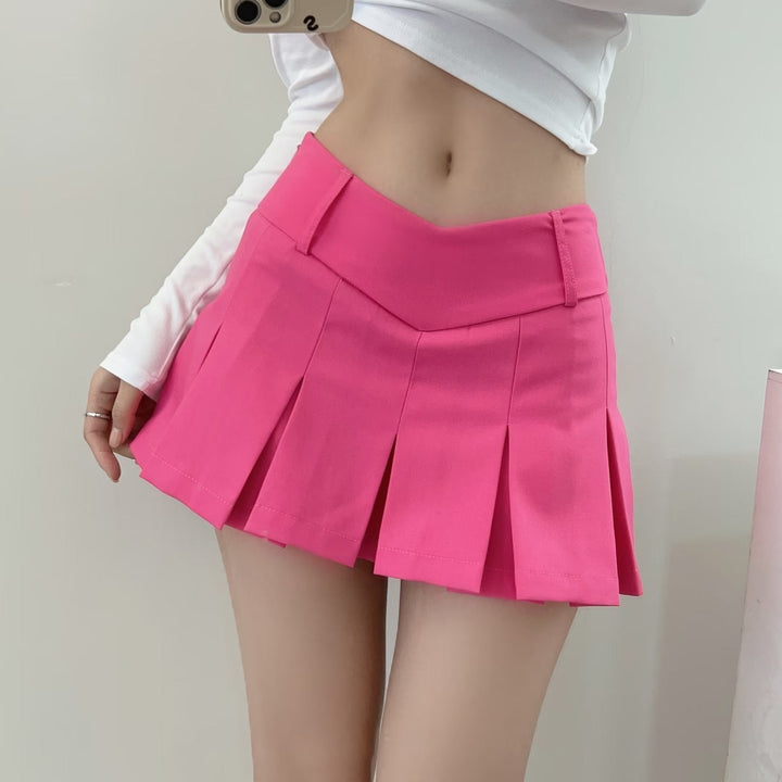 Gonna mini donna casual-elegante, stile a campana, con pieghe definite e vita a V, include shorts protettivi.