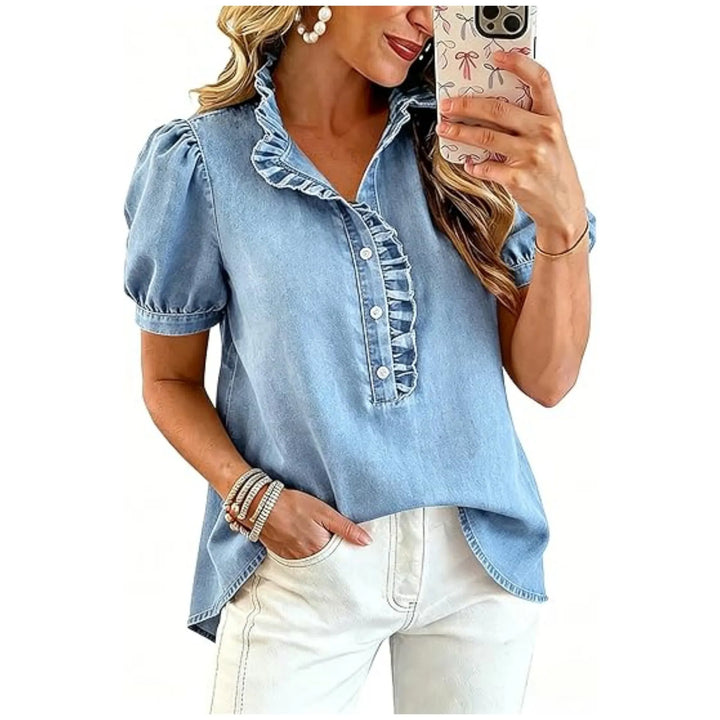 Top donna per primavera/autunno, con eleganti volant e maniche a sbuffo, abbigliamento di tendenza.