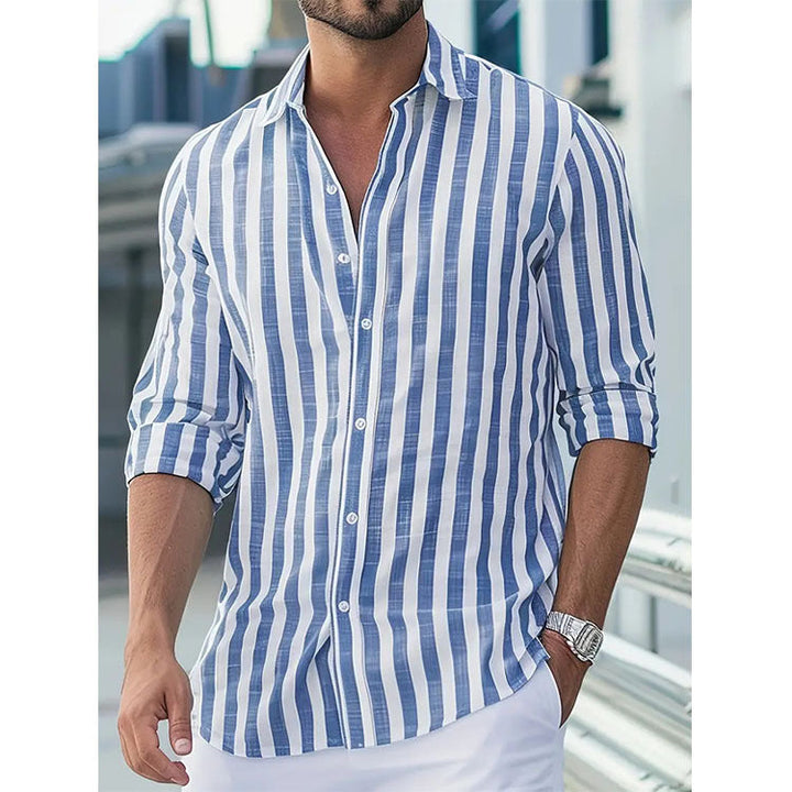 Camicia uomo a righe elegante, manica lunga, ideale per look casual, smart o da ufficio.
