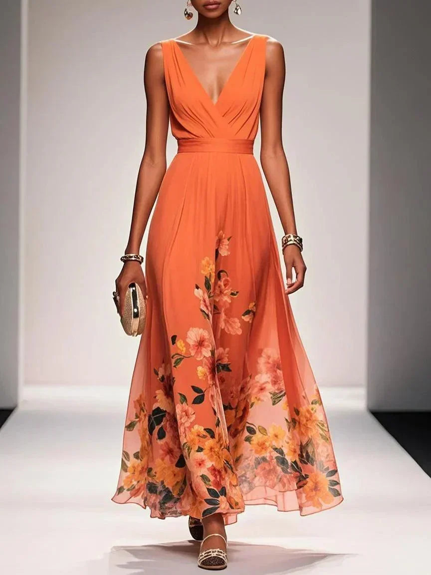 Abito donna autunnale a fiori, taglio lungo e scollo a V, per un look elegante e femminile.