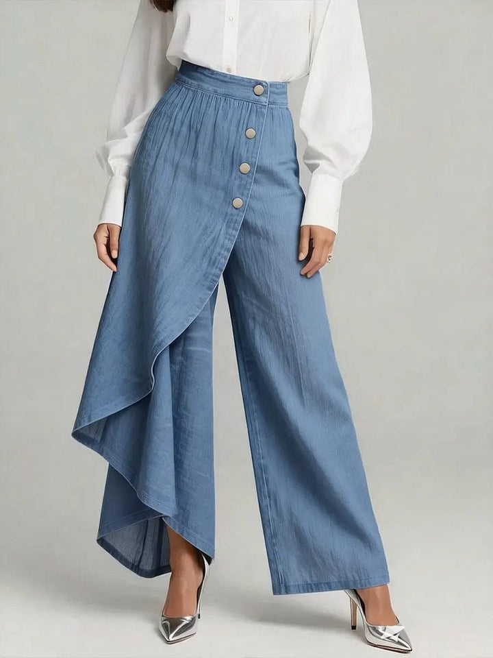 Pantaloni a gamba dritta effetto denim da donna, bottoni arricciati, per un outfit casual ma curato.