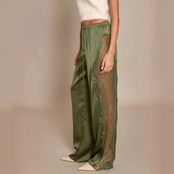 Pantaloni donna versatili con gamba larga, vita alta e raffinato pizzo. Un capo chic per ogni occasione.
