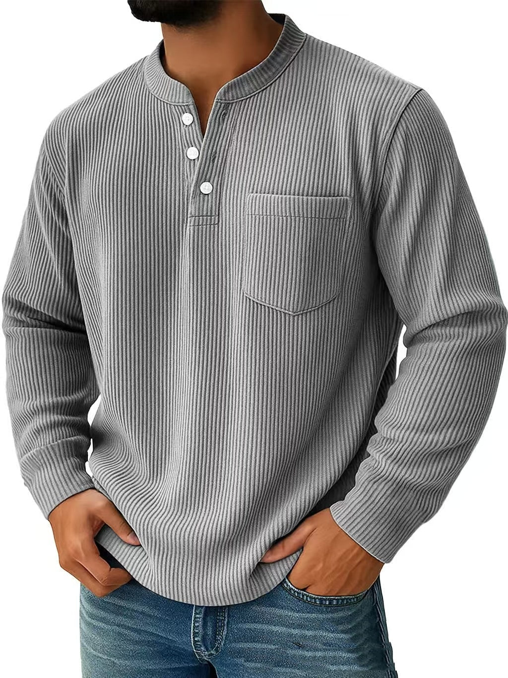 Look casual con camicia uomo Henley a maniche lunghe, vestibilità regolare. Versatile per diverse occasioni.