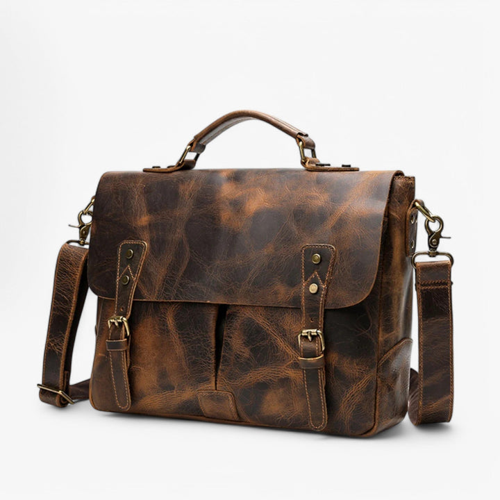 Borsa messenger unisex in similpelle marrone, ideale per tablet, documenti e accessori, stile retrò e quotidiano.
