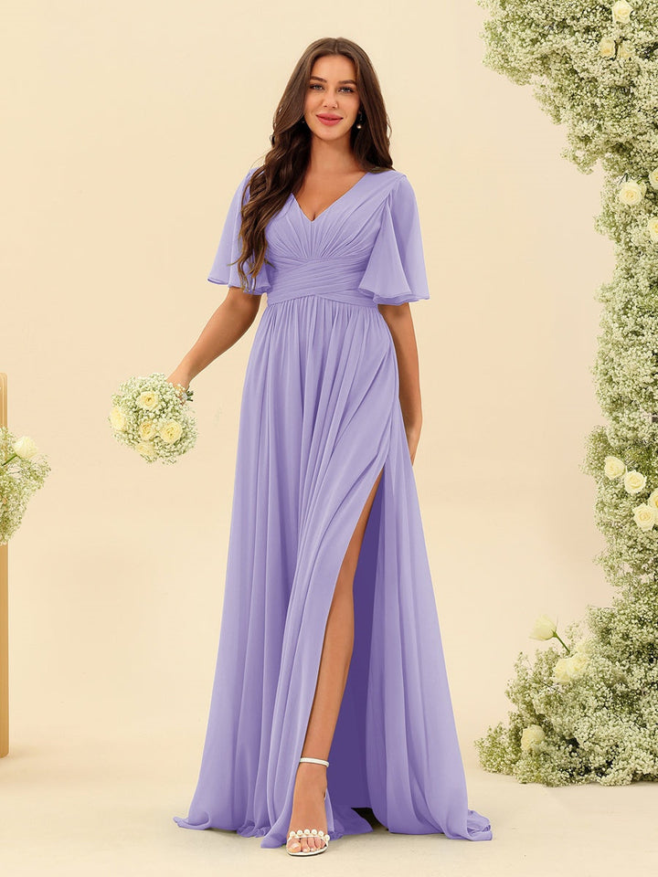 Abito lungo donna in chiffon A-line, spacco e volant, per un'eleganza senza sforzo.