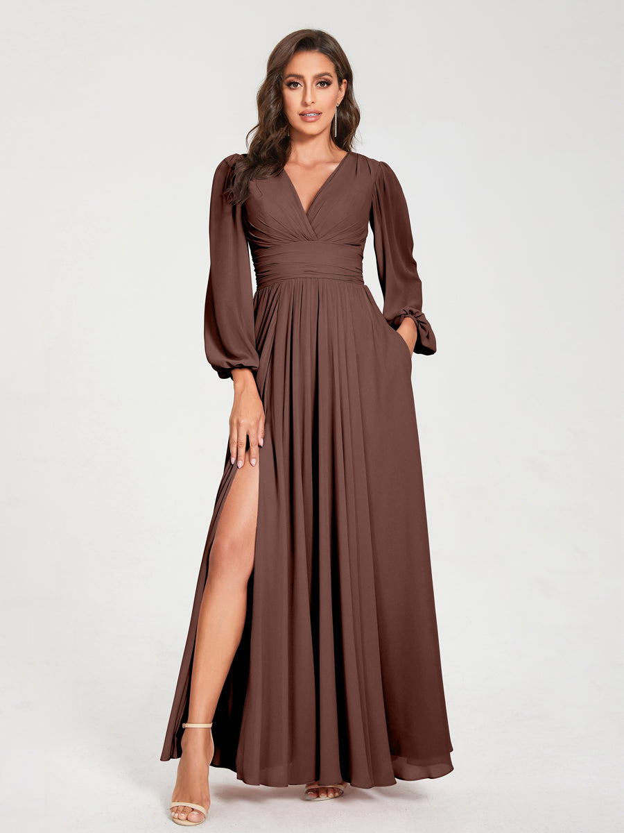 Abito donna con maniche lunghe, linea A e tasche. Vestito lungo formale per ogni cerimonia.