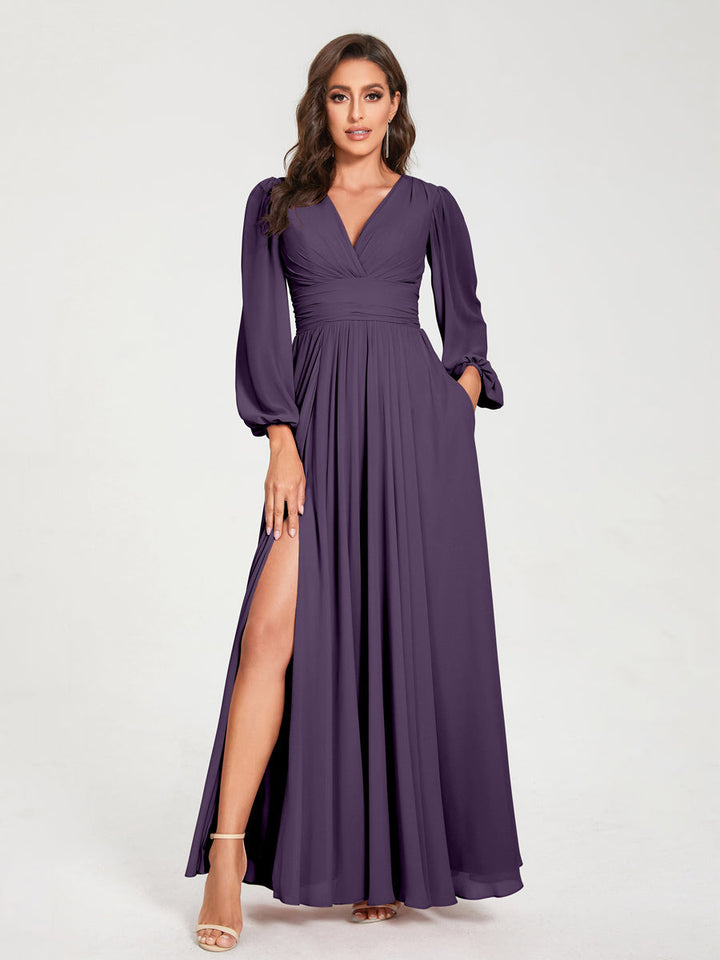 Abito elegante per cerimonia con maniche lunghe e tasche. Abito lungo da donna.