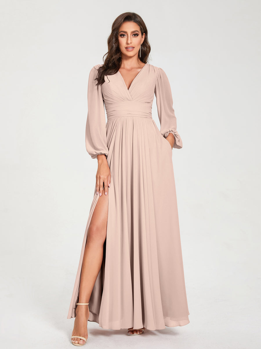 Abito da donna, linea A, maniche lunghe e tasche. Elegante per feste e matrimoni.